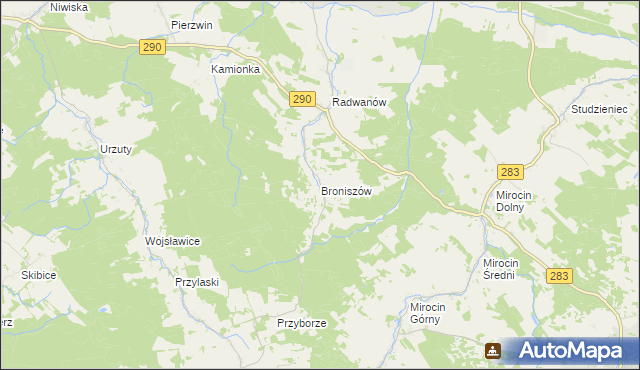 mapa Broniszów gmina Kożuchów, Broniszów gmina Kożuchów na mapie Targeo