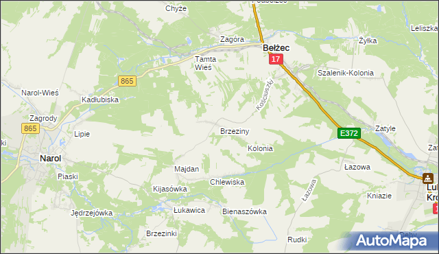mapa Brzeziny gmina Bełżec, Brzeziny gmina Bełżec na mapie Targeo
