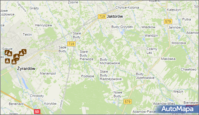 mapa Budy Michałowskie gmina Jaktorów, Budy Michałowskie gmina Jaktorów na mapie Targeo