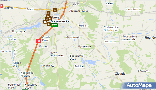 mapa Byszewice gmina Rawa Mazowiecka, Byszewice gmina Rawa Mazowiecka na mapie Targeo
