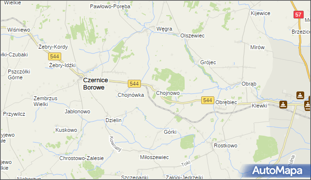 mapa Chojnowo gmina Czernice Borowe, Chojnowo gmina Czernice Borowe na mapie Targeo