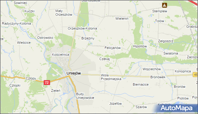 mapa Czekaj gmina Uniejów, Czekaj gmina Uniejów na mapie Targeo