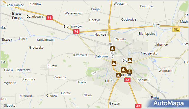 mapa Dąbrowa gmina Wieluń, Dąbrowa gmina Wieluń na mapie Targeo