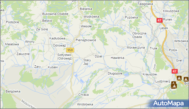 mapa Dział gmina Czarny Dunajec, Dział gmina Czarny Dunajec na mapie Targeo