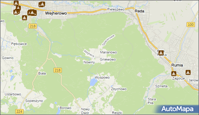mapa Gniewowo gmina Wejherowo, Gniewowo gmina Wejherowo na mapie Targeo