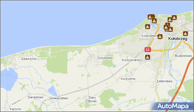 mapa Grzybowo gmina Kołobrzeg, Grzybowo gmina Kołobrzeg na mapie Targeo