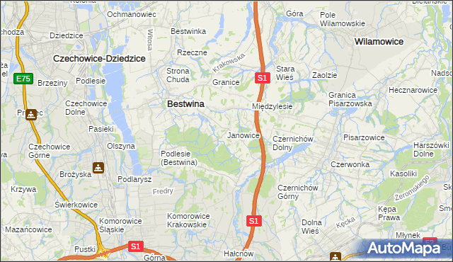 mapa Janowice gmina Bestwina, Janowice gmina Bestwina na mapie Targeo