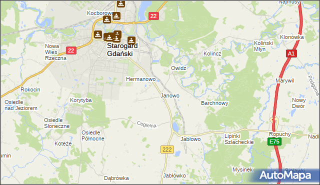 mapa Janowo gmina Starogard Gdański, Janowo gmina Starogard Gdański na mapie Targeo