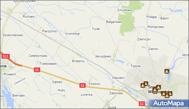 mapa Januszewo gmina Środa Wielkopolska, Januszewo gmina Środa Wielkopolska na mapie Targeo