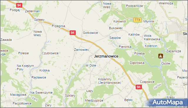 mapa Jerzmanowice gmina Jerzmanowice-Przeginia, Jerzmanowice gmina Jerzmanowice-Przeginia na mapie Targeo