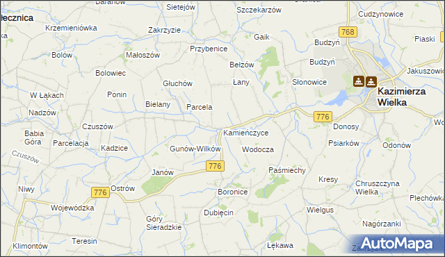 mapa Kamieńczyce gmina Kazimierza Wielka, Kamieńczyce gmina Kazimierza Wielka na mapie Targeo
