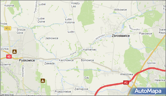 mapa Kamieniec gmina Zbrosławice, Kamieniec gmina Zbrosławice na mapie Targeo