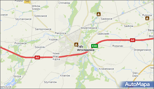mapa Kąty Wrocławskie, Kąty Wrocławskie na mapie Targeo