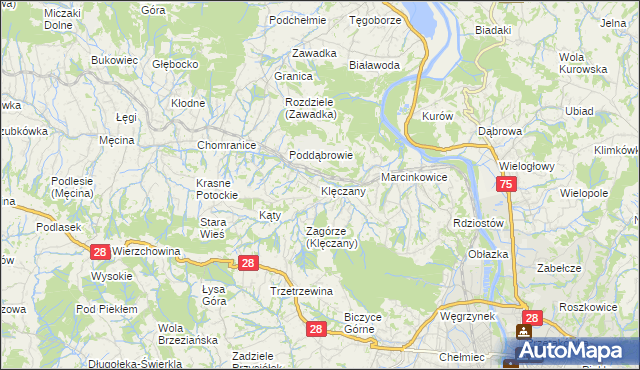 mapa Klęczany gmina Chełmiec, Klęczany gmina Chełmiec na mapie Targeo