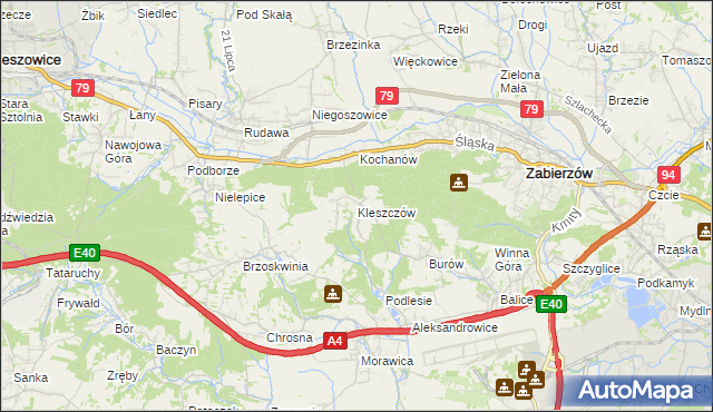 mapa Kleszczów gmina Zabierzów, Kleszczów gmina Zabierzów na mapie Targeo