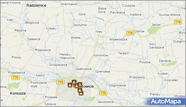mapa Klimontów gmina Proszowice, Klimontów gmina Proszowice na mapie Targeo