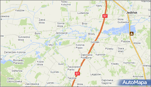 mapa Kolonia Piaski gmina Zakrzew, Kolonia Piaski gmina Zakrzew na mapie Targeo