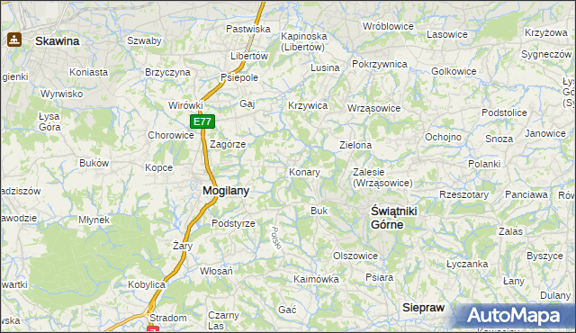 mapa Konary gmina Mogilany, Konary gmina Mogilany na mapie Targeo