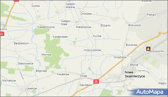 mapa Kościuszków gmina Nowe Skalmierzyce, Kościuszków gmina Nowe Skalmierzyce na mapie Targeo