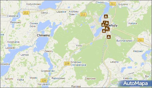 mapa Kosy gmina Kartuzy, Kosy gmina Kartuzy na mapie Targeo