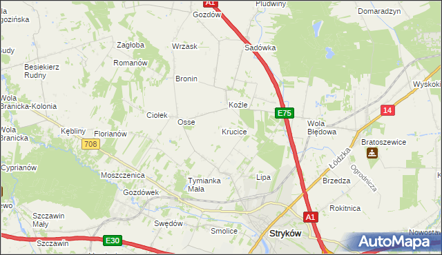 mapa Krucice gmina Stryków, Krucice gmina Stryków na mapie Targeo