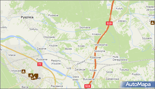 mapa Krzaki gmina Pysznica, Krzaki gmina Pysznica na mapie Targeo