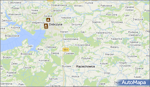 mapa Krzyworzeka gmina Raciechowice, Krzyworzeka gmina Raciechowice na mapie Targeo