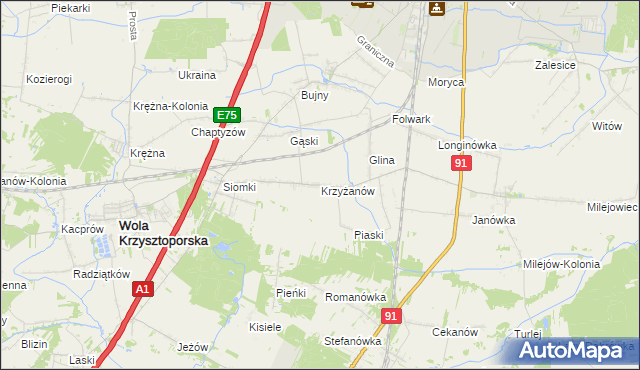 mapa Krzyżanów gmina Wola Krzysztoporska, Krzyżanów gmina Wola Krzysztoporska na mapie Targeo