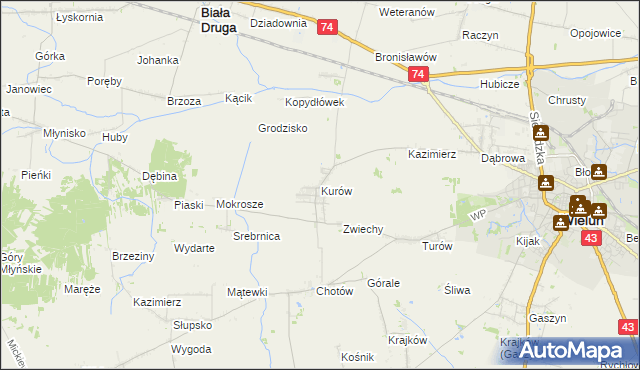 mapa Kurów gmina Wieluń, Kurów gmina Wieluń na mapie Targeo