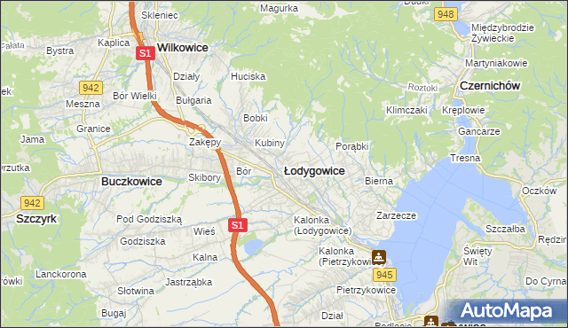 mapa Łodygowice powiat żywiecki, Łodygowice powiat żywiecki na mapie Targeo