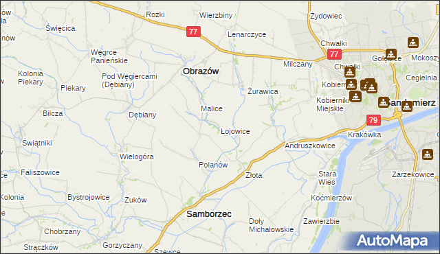 mapa Łojowice gmina Samborzec, Łojowice gmina Samborzec na mapie Targeo