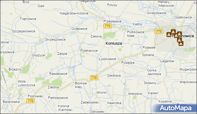mapa Łyszkowice gmina Koniusza, Łyszkowice gmina Koniusza na mapie Targeo