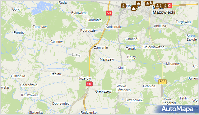 mapa Maliszew gmina Mińsk Mazowiecki, Maliszew gmina Mińsk Mazowiecki na mapie Targeo
