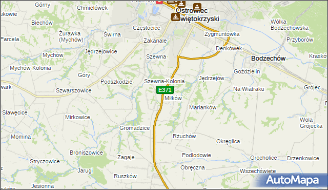 mapa Miłków gmina Bodzechów, Miłków gmina Bodzechów na mapie Targeo