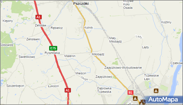 mapa Miłobądz gmina Tczew, Miłobądz gmina Tczew na mapie Targeo