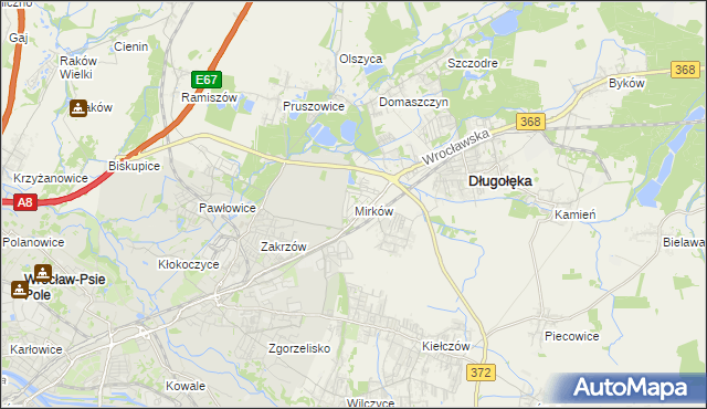 mapa Mirków gmina Długołęka, Mirków gmina Długołęka na mapie Targeo