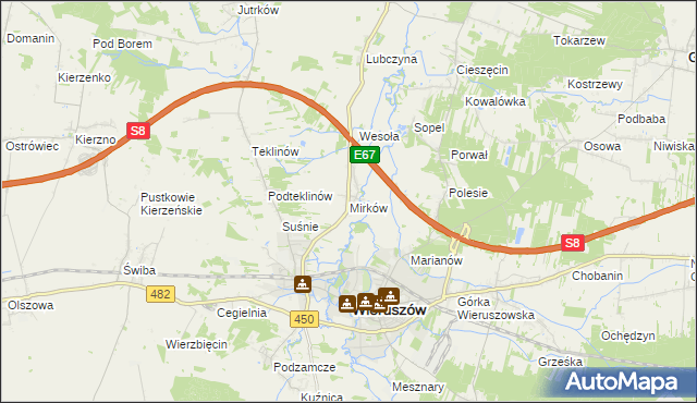 mapa Mirków gmina Wieruszów, Mirków gmina Wieruszów na mapie Targeo