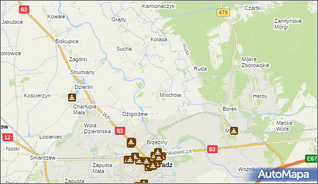 mapa Mnichów gmina Sieradz, Mnichów gmina Sieradz na mapie Targeo