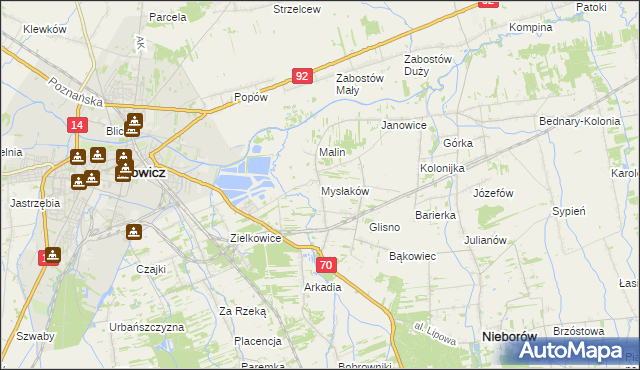 mapa Mysłaków gmina Nieborów, Mysłaków gmina Nieborów na mapie Targeo
