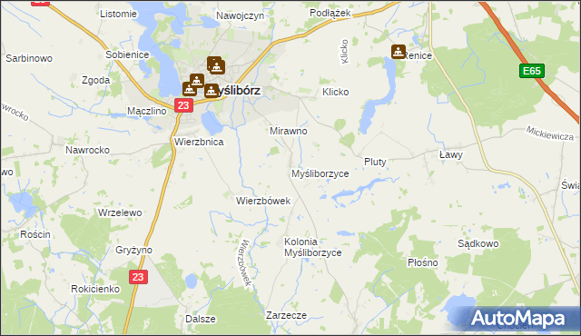mapa Myśliborzyce gmina Myślibórz, Myśliborzyce gmina Myślibórz na mapie Targeo