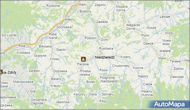 mapa Niedźwiedź powiat limanowski, Niedźwiedź powiat limanowski na mapie Targeo