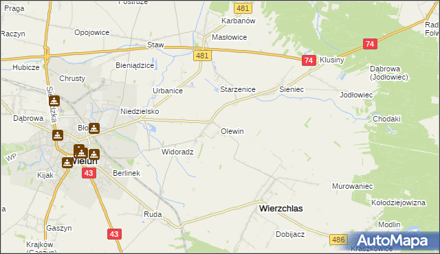 mapa Olewin gmina Wieluń, Olewin gmina Wieluń na mapie Targeo