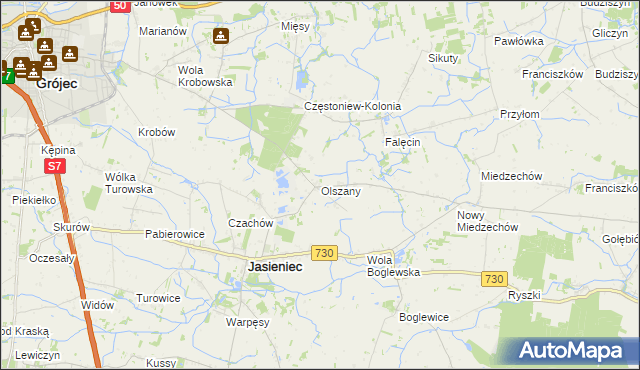 mapa Olszany gmina Jasieniec, Olszany gmina Jasieniec na mapie Targeo