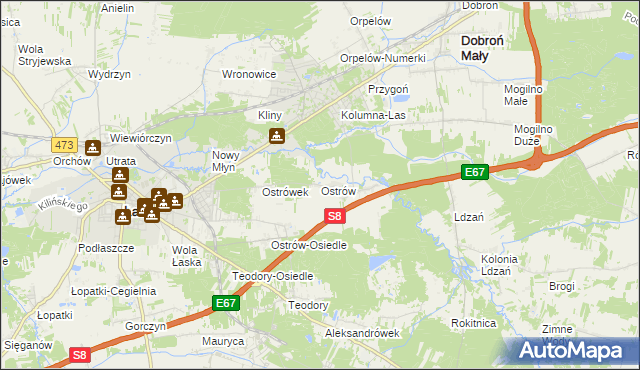 mapa Ostrów gmina Łask, Ostrów gmina Łask na mapie Targeo