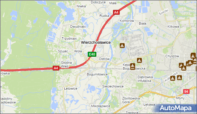 mapa Ostrów gmina Wierzchosławice, Ostrów gmina Wierzchosławice na mapie Targeo