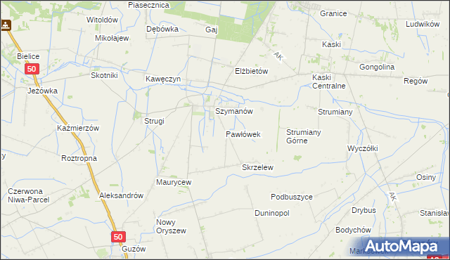 mapa Pawłówek gmina Teresin, Pawłówek gmina Teresin na mapie Targeo