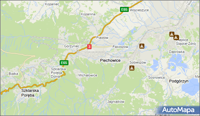 mapa Piechowice powiat jeleniogórski, Piechowice powiat jeleniogórski na mapie Targeo