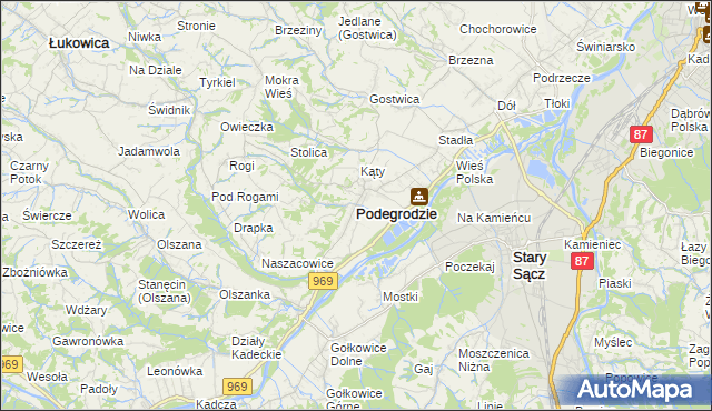 mapa Podegrodzie powiat nowosądecki, Podegrodzie powiat nowosądecki na mapie Targeo