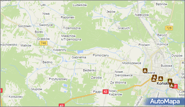 mapa Pomorzany gmina Końskie, Pomorzany gmina Końskie na mapie Targeo