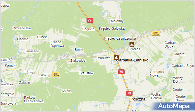 mapa Ponikwa gmina Garbatka-Letnisko, Ponikwa gmina Garbatka-Letnisko na mapie Targeo